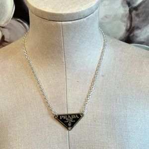Repurposed Prada Tag necklace on plated silver chain
